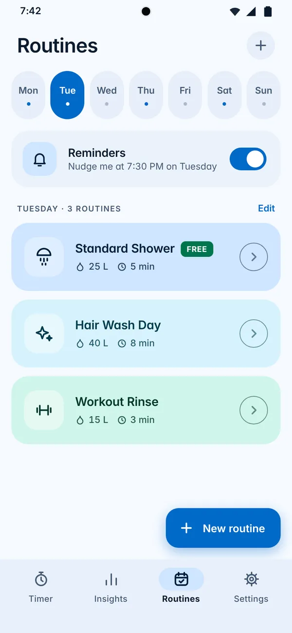 Routines screen with shower presets and a reminder toggle.